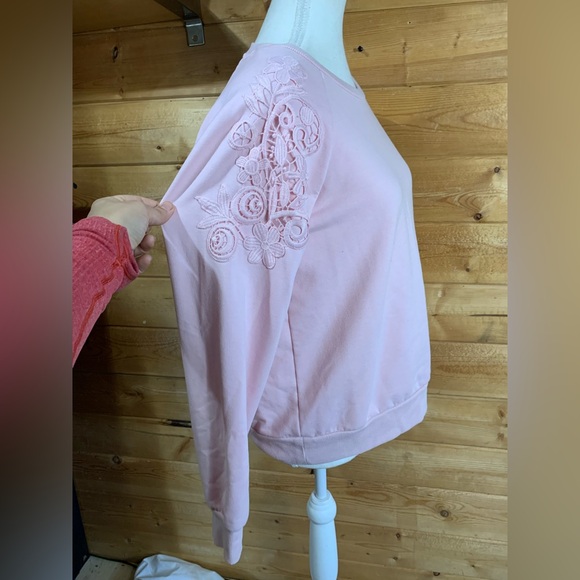 Vintage Y2K Baby Pink Floral Lace Sleeve Sweatshirt Pullover Soft Embroidered - Picture 2 of 7